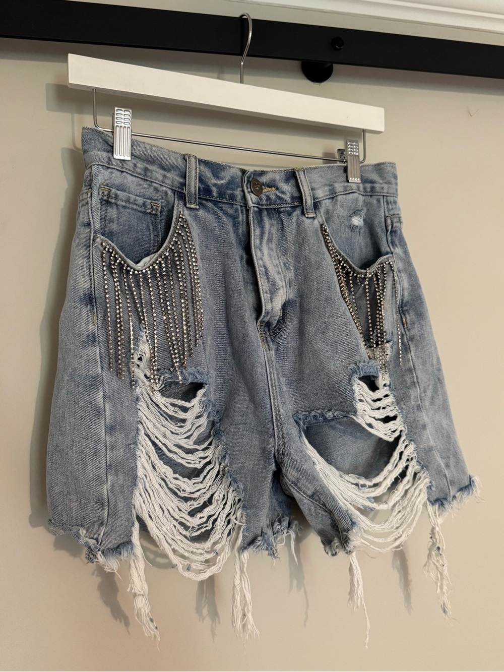 Buddy Love Light Blue Distressed Denim Shorts with Rhinestone Fringe